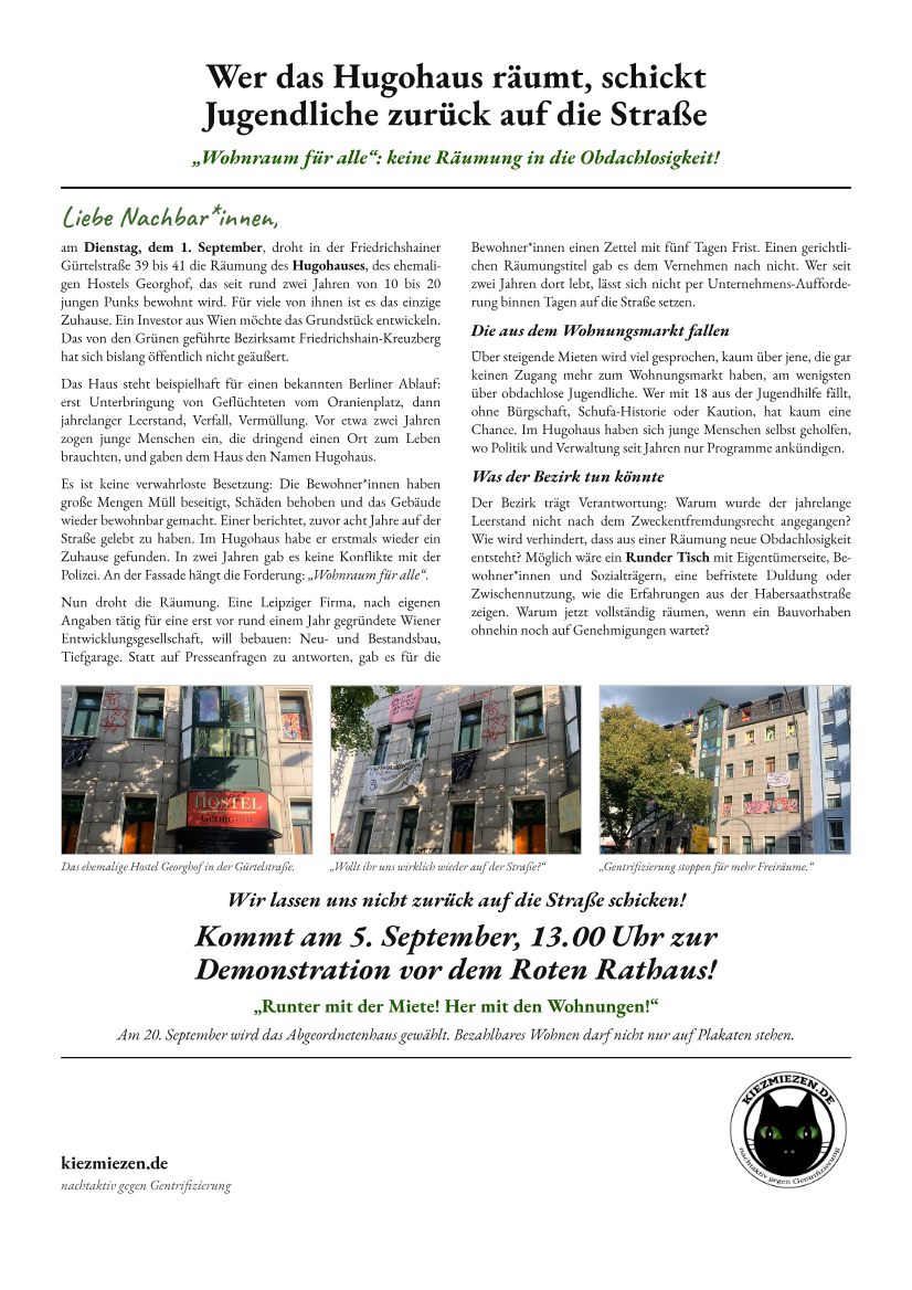 Aufruf zur Demo für das Hugohaus am 5. September